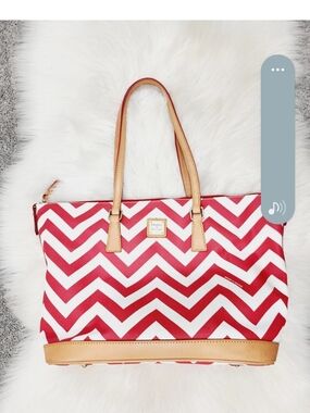 Dooney & Bourke Red Chevron Tote Bag with Tan Trim